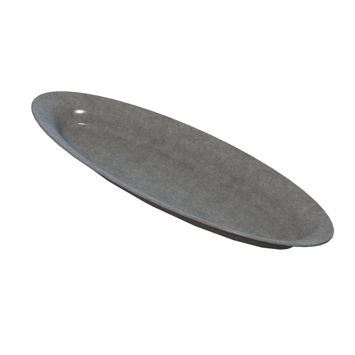 A gray, oval-shaped cast aluminum platter with a slightly raised rim is shown on a white background. The plate has a smooth, matte finish and appears empty, viewed at an angle to highlight its elongated King Fish Platter design.
