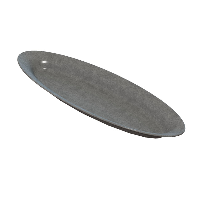 A gray, oval-shaped cast aluminum platter with a slightly raised rim is shown on a white background. The plate has a smooth, matte finish and appears empty, viewed at an angle to highlight its elongated King Fish Platter design.