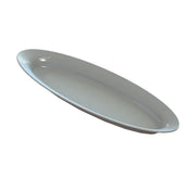 An empty, glossy King Fish Platter is shown on a white background. This oval-shaped, white ceramic platter has gently sloped sides and a smooth, reflective surface—ideal for serving food or displaying items.
