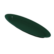 A dark green, oval-shaped King Fish Platter is shown on a white background. The platter is empty, viewed at an angle from above, highlighting its smooth, glossy surface and gently curved edges.