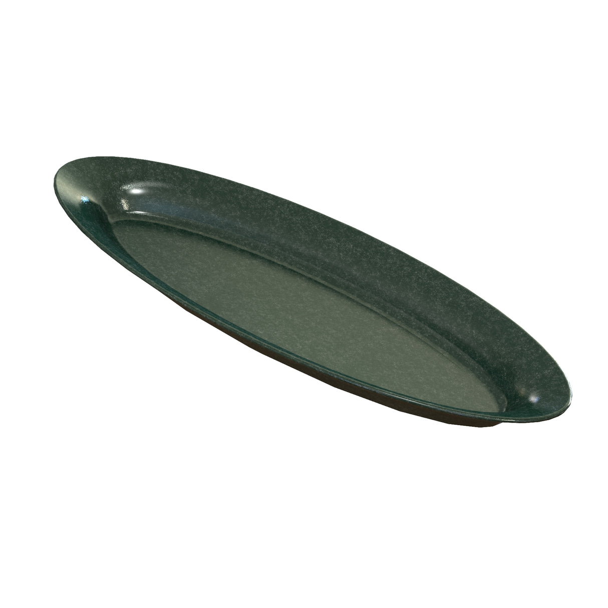 An oval-shaped, dark green King Fish Platter with a slightly raised rim. The cast aluminum platter has a smooth, glossy finish, subtle marbling, and is shown isolated on a white background with a slight shadow underneath.
