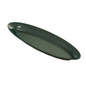 An oval-shaped, dark green King Fish Platter with a slightly raised rim. The cast aluminum platter has a smooth, glossy finish, subtle marbling, and is shown isolated on a white background with a slight shadow underneath.