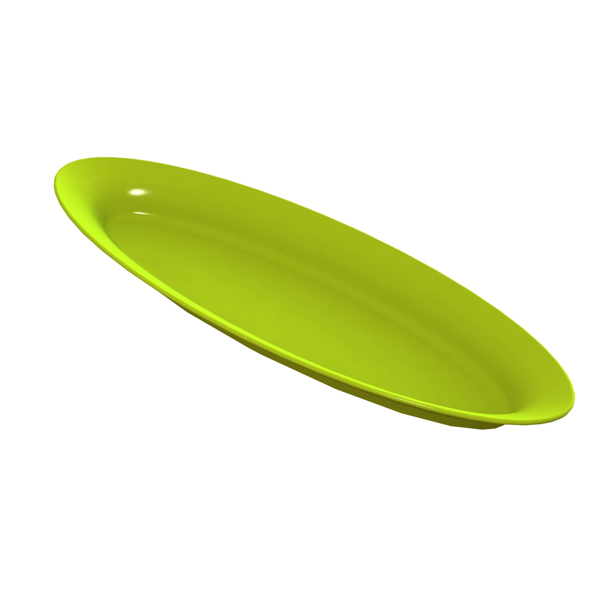 A bright green, oval-shaped cast aluminum platter with smooth edges is shown against a plain white background. The King Fish Platter is slightly tilted, revealing its glossy surface and shallow depth.