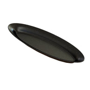 A glossy, elongated oval cast aluminum platter with a black surface featuring small white speckles. The platter has slightly raised edges and is photographed against a plain white background.