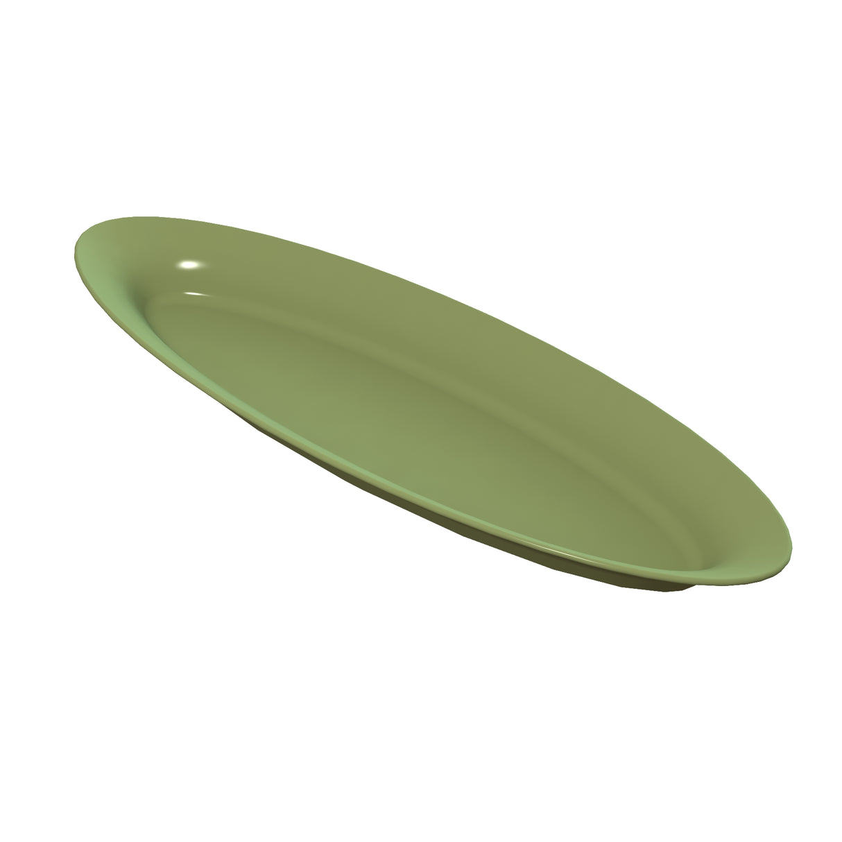 A plain, empty, oval-shaped cast aluminum platter in muted olive green is shown at an angle on a white background. The platter features a smooth, glossy finish and gently curved edges, with no visible patterns or decorations.