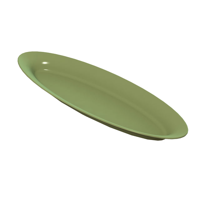 A plain, empty, oval-shaped cast aluminum platter in muted olive green is shown at an angle on a white background. The platter features a smooth, glossy finish and gently curved edges, with no visible patterns or decorations.