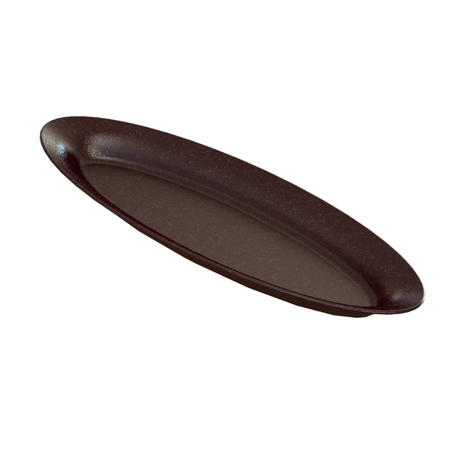 A dark brown, oval-shaped cast aluminum serving platter with a smooth, glossy surface. The King Fish Platter is plain without any visible patterns and is photographed on a white background, slightly angled to show its depth and rim.