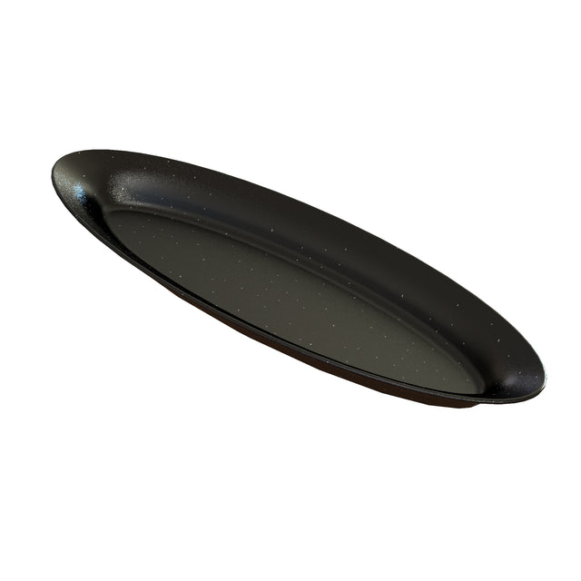 An elongated, oval-shaped cast aluminum platter with a glossy surface and small white speckles, viewed at an angle on a white background. The tray has slightly raised edges and a smooth finish.