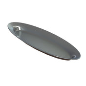 A shiny, empty, oval-shaped stainless steel King Fish Platter is shown on a white background. The reflective surface highlights the platter’s smooth, slightly raised edges and metallic finish. It's angled to display its depth and polished texture.