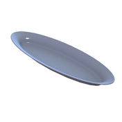 A smooth, oval-shaped, light blue ceramic plate is shown on a white background. Reminiscent of an elegant King Fish Platter, it features a glossy finish and gently raised edges, ideal for refined presentations.