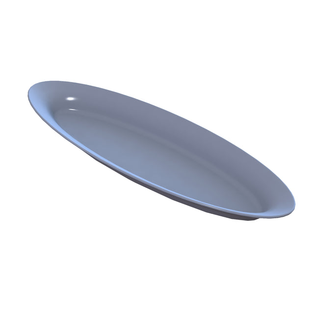 A smooth, oval-shaped, light blue ceramic plate is shown on a white background. Reminiscent of an elegant King Fish Platter, it features a glossy finish and gently raised edges, ideal for refined presentations.