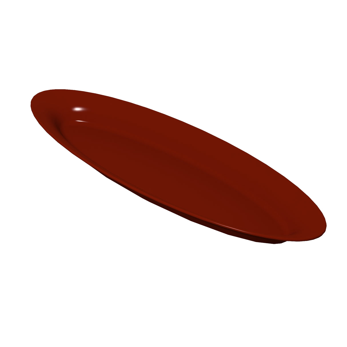 A long, oval-shaped, deep red cast aluminum platter is shown against a plain white background. The plate has smooth, slightly raised edges and a glossy finish, with no decorations or patterns.