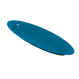 A blue, oval-shaped King Fish Platter is angled slightly upward on a white background. Made from Duracoat coated cast aluminum, the plate’s glossy surface reflects light for a shiny finish. The dish is empty, clean, and ideal for cold holding.