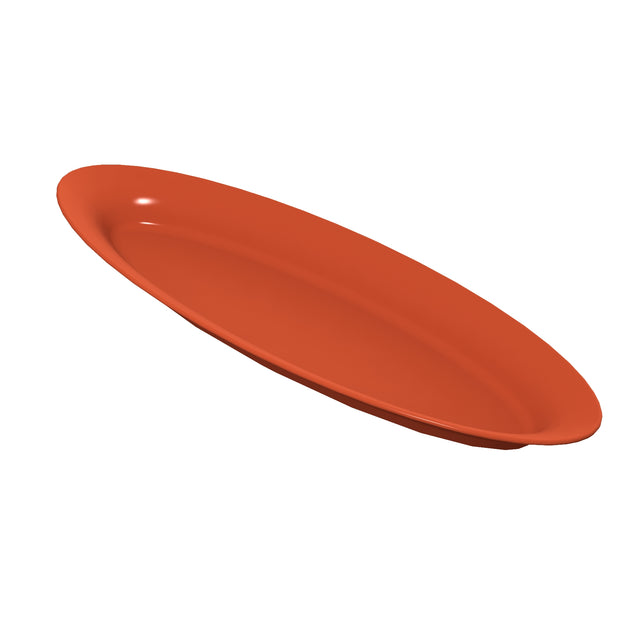 A plain, oval-shaped cast aluminum platter in a solid terracotta orange color, displayed against a white background. The cold holding platter is slightly tilted and has smooth, gently curved edges.