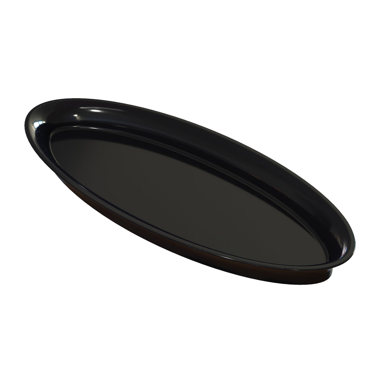 A sleek, glossy, black cast aluminum platter with a slightly raised rim. The tray is angled diagonally on a white background, emphasizing its smooth, reflective surface and modern design.