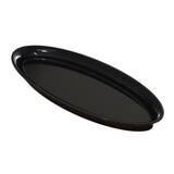 A sleek, glossy, black cast aluminum platter with a slightly raised rim. The tray is angled diagonally on a white background, emphasizing its smooth, reflective surface and modern design.