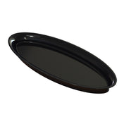 A sleek, glossy, black cast aluminum platter with a slightly raised rim. The tray is angled diagonally on a white background, emphasizing its smooth, reflective surface and modern design.