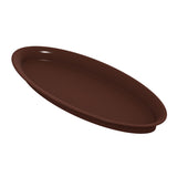 A brown, round, shallow plant saucer with smooth sides and a slightly raised edge, shown on a white background. This versatile tray can double as a cold holding platter, making it perfect for both plants and serving needs.