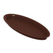 A brown, round, shallow plant saucer with smooth sides and a slightly raised edge, shown on a white background. This versatile tray can double as a cold holding platter, making it perfect for both plants and serving needs.