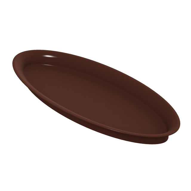A brown, round, shallow plant saucer with smooth sides and a slightly raised edge, shown on a white background. This versatile tray can double as a cold holding platter, making it perfect for both plants and serving needs.