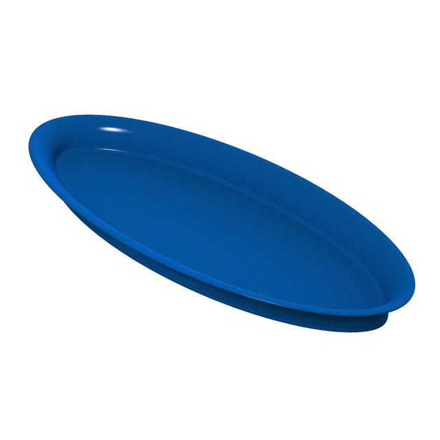 A plain, round, blue plastic tray is shown at an angle on a white background. Designed for cold holding, the tray features a slightly raised edge and smooth surface, with no visible patterns, designs, or markings.