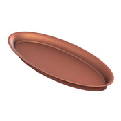 A large, empty, oval-shaped King Fish Platter with a copper finish and non-stick surface is shown at an angle on a white background. The tray features slightly raised, rounded edges and a smooth, matte texture.