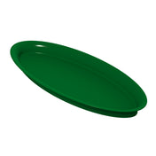 A plain, empty, round cast aluminum platter in solid dark green color is shown at an angle on a white background. The tray has a smooth surface and slightly raised edges, ideal as a cold holding platter with shallow depth.