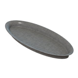 A plain, oval-shaped, gray tray with slightly raised edges, viewed from an angle. Made of Duracoat coated cast aluminum, this cold holding platter features a smooth, matte finish and no handles or decorative features. It appears empty against a white background.