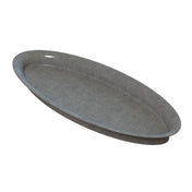 A plain, oval-shaped, gray tray with slightly raised edges, viewed from an angle. Made of Duracoat coated cast aluminum, this cold holding platter features a smooth, matte finish and no handles or decorative features. It appears empty against a white background.