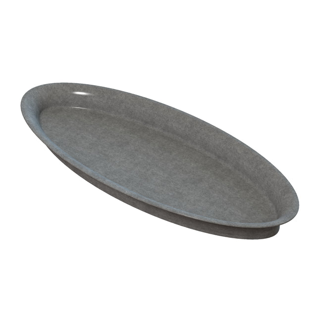 A plain, oval-shaped, gray tray with slightly raised edges, viewed from an angle. Made of Duracoat coated cast aluminum, this cold holding platter features a smooth, matte finish and no handles or decorative features. It appears empty against a white background.