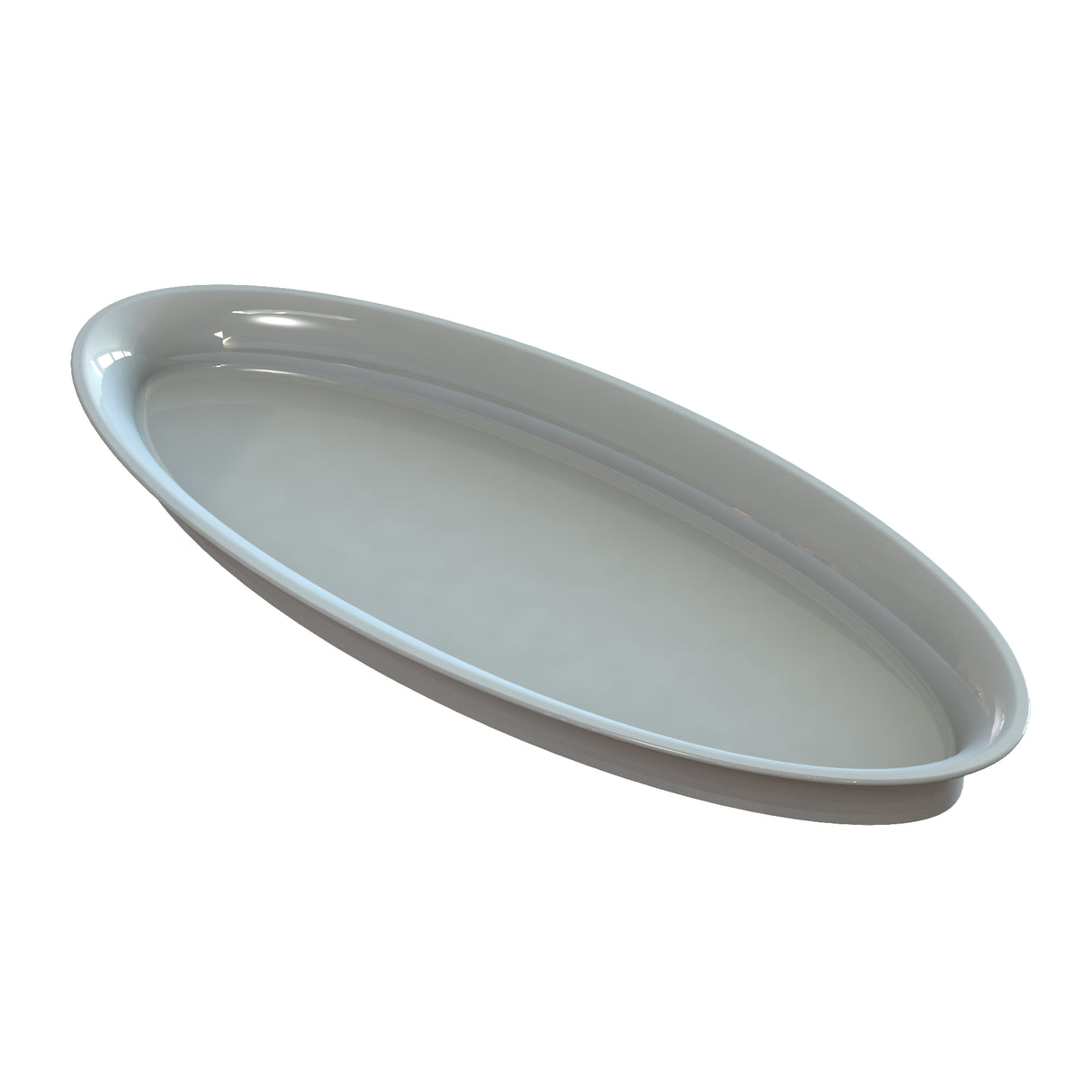 A white, oval-shaped ceramic plate, reminiscent of a classic King Fish Platter, is shown on a plain white background. The plate has smooth, slightly raised edges and a glossy finish, giving it a clean and simple appearance.