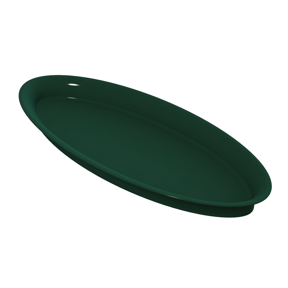 A dark green, shallow, round plastic tray is shown tilted at an angle against a white background. Ideal for cold holding, the tray has a smooth surface and a slightly raised rim, with no visible patterns or decorations.