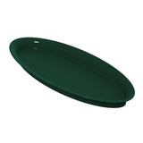 A dark green, shallow, round plastic tray is shown tilted at an angle against a white background. Ideal for cold holding, the tray has a smooth surface and a slightly raised rim, with no visible patterns or decorations.