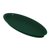 A dark green, shallow, round plastic tray is shown tilted at an angle against a white background. Ideal for cold holding, the tray has a smooth surface and a slightly raised rim, with no visible patterns or decorations.