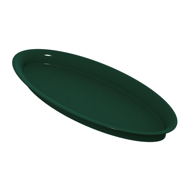 A dark green, shallow, round plastic tray is shown tilted at an angle against a white background. Ideal for cold holding, the tray has a smooth surface and a slightly raised rim, with no visible patterns or decorations.