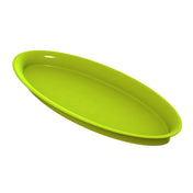 A bright green, oval-shaped King Fish Platter is shown at an angle against a white background. The tray has slightly raised edges and a smooth, glossy surface, making it ideal as a modern cold holding platter with minimalist appeal.