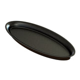 A black, oval-shaped cast aluminum platter with a slightly raised rim and a speckled white pattern, resembling enamelware. The cold holding platter appears empty and is photographed on a white background at an angled perspective.