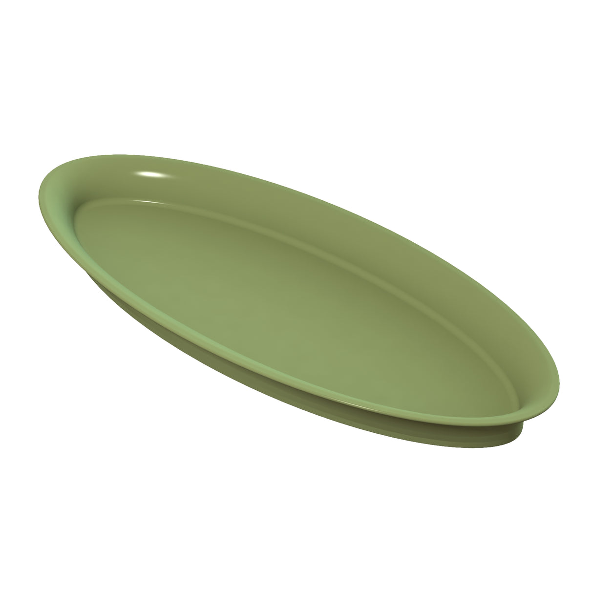 A plain, oval-shaped cold holding platter with a smooth surface and raised edges, shown at an angle on a white background. The plate is light olive green in color and appears to be made of plastic or ceramic.