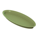 A plain, oval-shaped cold holding platter with a smooth surface and raised edges, shown at an angle on a white background. The plate is light olive green in color and appears to be made of plastic or ceramic.