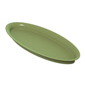 A plain, oval-shaped cold holding platter with a smooth surface and raised edges, shown at an angle on a white background. The plate is light olive green in color and appears to be made of plastic or ceramic.