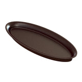 A dark brown, oval-shaped King Fish Platter with smooth, slightly raised edges. The glossy cast aluminum surface is perfect for cold holding and is empty, displayed against a white background.