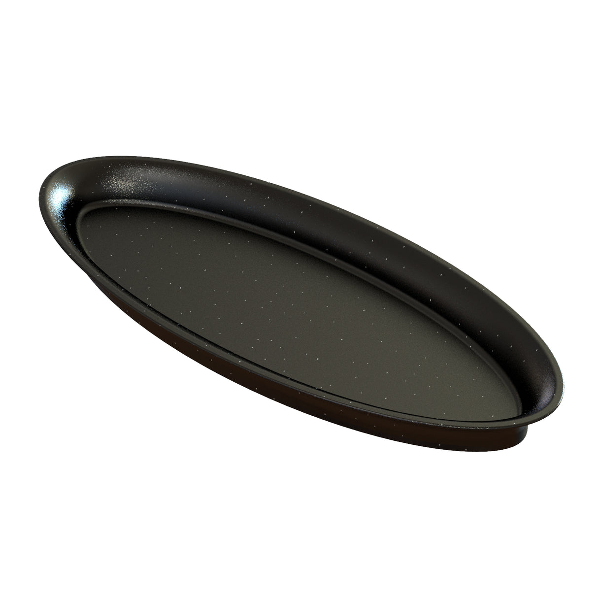 A black, oval-shaped Duracoat cast aluminum serving tray with a slightly raised rim and subtle speckled pattern. The smooth, glossy King Fish Platter is tilted at an angle against a plain white background.