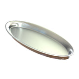 A shiny, oval-shaped King Fish Platter is shown at an angle on a white background. The tray has smooth, rounded edges and a reflective surface, giving this cold holding platter a sleek, modern appearance.