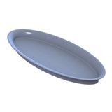 A plain, round, light gray Duracoat coated aluminum plate is shown at an angle against a white background. The plate has a slightly raised rim and a smooth, glossy surface, appearing empty and clean—a perfect cold holding platter.