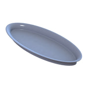 A plain, round, light gray Duracoat coated aluminum plate is shown at an angle against a white background. The plate has a slightly raised rim and a smooth, glossy surface, appearing empty and clean—a perfect cold holding platter.