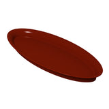 A plain, oval-shaped King Fish Platter in a deep reddish-brown color is shown against a white background. The plate features a smooth, glossy finish with slightly raised edges and is crafted from Duracoat coated aluminum for durability.