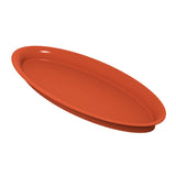 A plain, round, reddish-orange cold holding platter with a smooth surface and slightly raised edges, shown at an angle against a white background. The tray is empty and casts a soft shadow underneath.