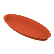 A plain, round, reddish-orange cold holding platter with a smooth surface and slightly raised edges, shown at an angle against a white background. The tray is empty and casts a soft shadow underneath.
