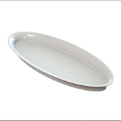 A white, oval-shaped King Fish Platter is shown on a plain background. With a smooth surface, slightly raised edges, and glossy finish, this cold holding platter is angled to highlight its depth and elegant curvature.
