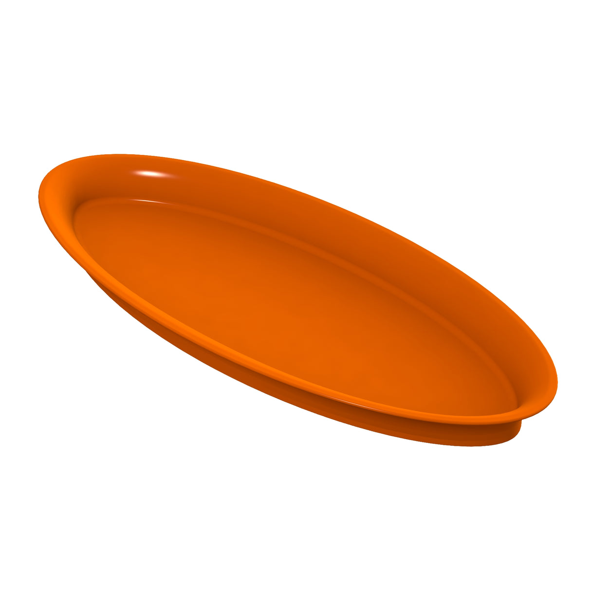 An orange, oval-shaped King Fish Platter is pictured against a white background. The plate has raised edges and a smooth, shiny surface. It appears empty and is shown slightly tilted, giving a clear view of its shape and depth.